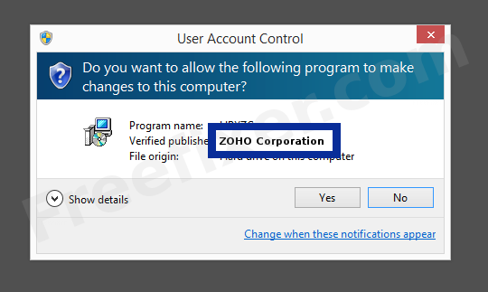 Screenshot where ZOHO Corporation appears as the verified publisher in the UAC dialog